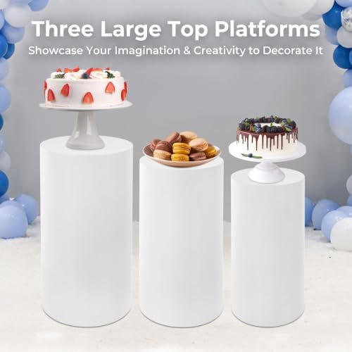 3 Pcs White Cylinder Pedestal Stand Covers, Round Cake Display Rack & Flower Cylindrical Pillars, Cake Stand Cover for Wedding, Birthday Party, Dessert Table & Baby Shower Decor - Image 4