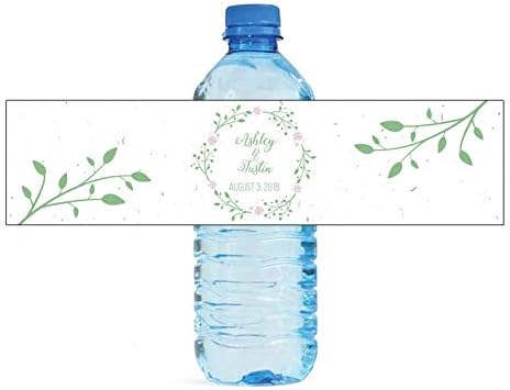 100 Green Wreath & Pink Flowers on White Background Designs Wedding Bridal Shower Engagement Birthday Party Water Bottle Labels by DesignThatSign