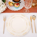 U-QE 100 PCS Ivory Plastic Plates with Gold Rim - Image 4