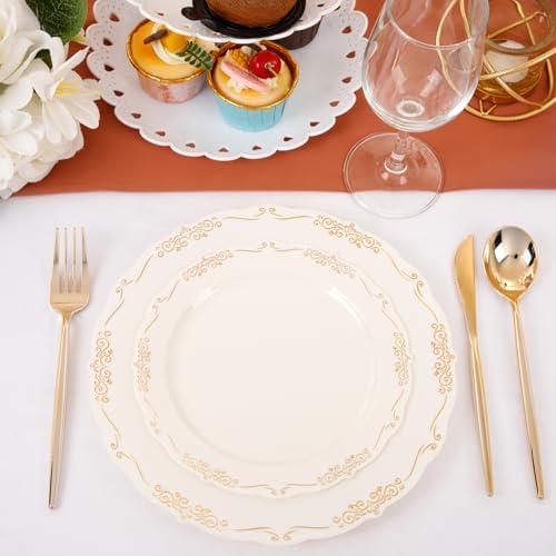 U-QE 100 PCS Ivory Plastic Plates with Gold Rim - Image 4
