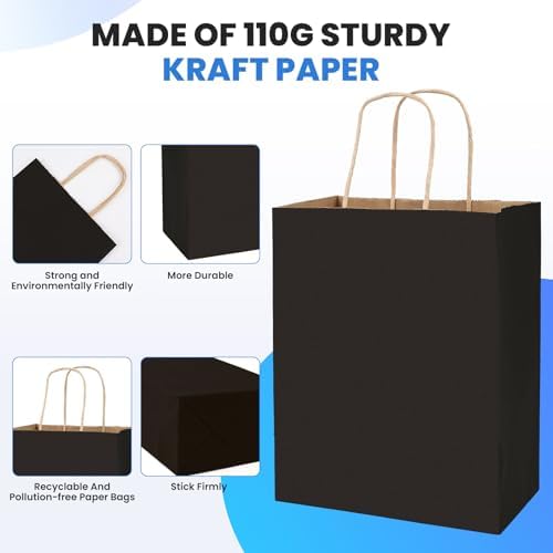 XPCARE Black Paper Bags with Handles, 200Pcs 8x4.5x10In Kraft Paper Bag (Pack of 2) - Image 3