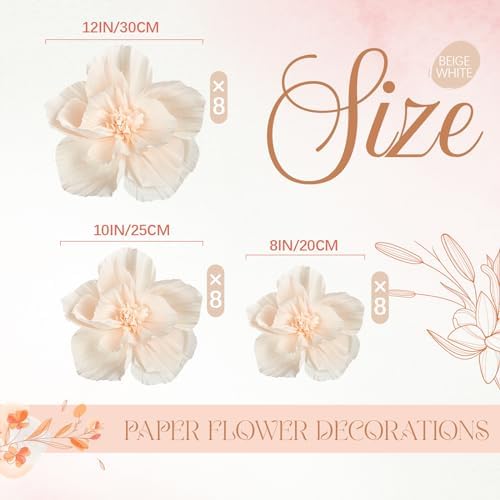 Cholemy 24 Pcs Tissue Paper Flowers, Crepe Paper Flowers Decorations 8" 10" 12" for Wedding Party Baby Bridal Shower Carnival Party Birthday Nursery Wall Decor (Beige) - Image 2