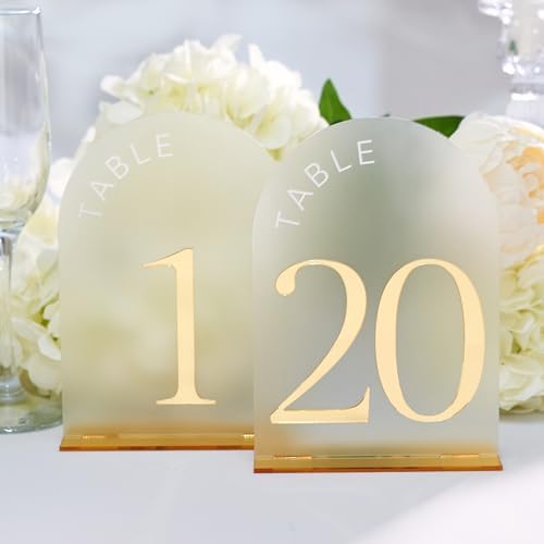 Frosted Arch Acrylic Table Numbers 1-20 with Stands - 5x7" Gold Mirror Wedding Table Numbers for Reception, Frosted Acrylic Table Signs with Holders for Banquet, Party, Anniversary, Event by Unknown