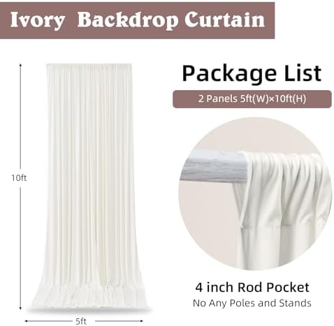 10ft x 10ft Ivory Backdrop Curtains for Parties Weddings, Wrinkle Free Silky Polyester Fabric Photo Backdrop Drapes, 2 Panels 5X 10 ft Cream Backfrounds Cloth for Birthday Baby Shower Photography - Image 4