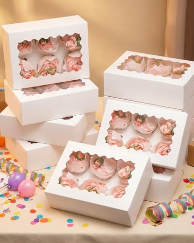 qiqee Auto-pop Up Cupcake Boxes with Window White 100PCS 6 Count Cupcake Box 9.4"x6.1"x3" Cupcakes Carrier, 6 Cupcake Containers - Image 6
