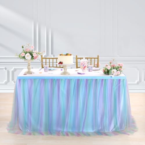 Pastel Rainbow Blue Table Skirt Ruffle Mermaid Party Tablecloth for Rectangle Table Tables or Round Tables 14ft Birthday Party Baby Shower Decorations - Image 3