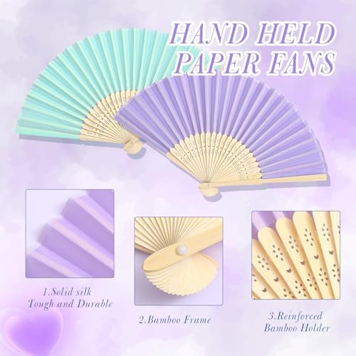 Blulu 40 Pcs Folding Hand Fan Bamboo Silk Wedding,Macaroon Color - Image 5