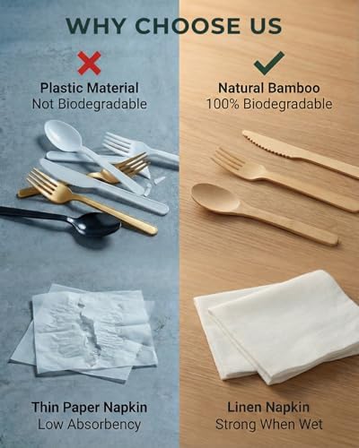 Pre Rolled Bamboo Silverware Set with Napkins - 100 Pack Bamboo Utensils - Image 3