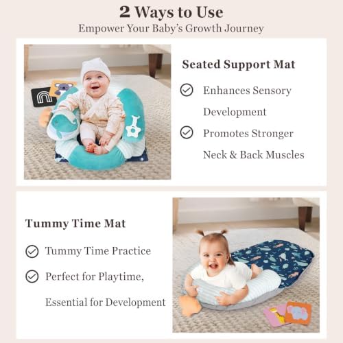 4 in 1 Tummy Time Mat with Educational Cards, Play Mat & Sitting Support for Newborn 0-12 Months, Infant Baby Sit Me Up Floor Seat, Sensory Skills Gifts, Green Whale - Image 2