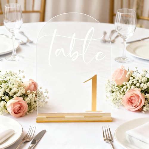 Arch Acrylic Wedding Table Numbers with Gold Font & Stands - 5''x7'' Clear Acrylic Table Number Signs for Wedding Reception, Anniversary, Event & Party Decor (Set 1-10) - Image 6