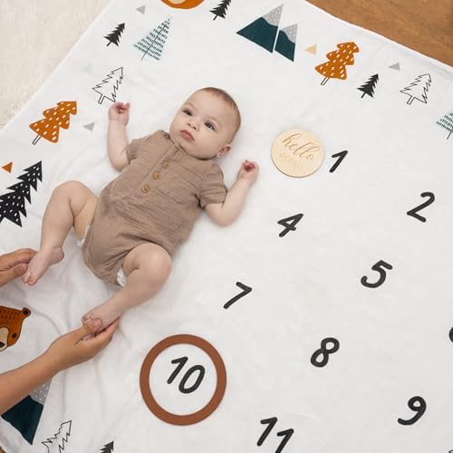 Pondering Pine Organic Baby Monthly Milestone Blanket Boy - Growth Age Blanket for 1-12 Months Milestones with Month Marker Frame and Newborn Announcement Disc, Woodland, Bear, 47”x47” - Image 6