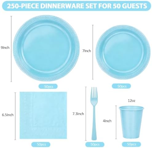 250Pcs Light Blue Plastic Party Plates and Napkins for Birthday,Baby Shower - Image 2