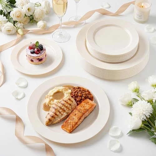 I00000 102 Pcs Ivory Plastic Plates, Premium Disposable Party Plates - Image 6
