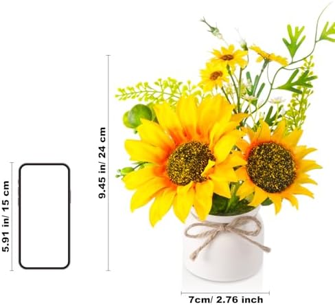 Zeyune Artificial Sunflower Potted Plants Rustic Wedding Table Centerpieces Summer Spring Kitchen Silk Yellow Flower with Plastic Pot for Home Bathroom Office Bridal Shower(6 Pcs,White,Sunflower) - Image 2