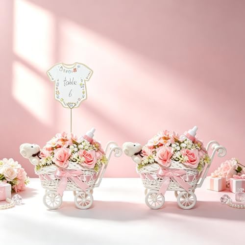 2 Pack Baby Carriage for Baby Shower Centerpiece Table with Wicker Stroller Bottle Bear Cards Rattan Artificial Rose Hydrangea Baby's Breath Floral Card Holder Decoration(Pink，16pcs) - Image 7