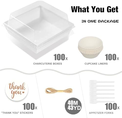 100 Pack Small Charcuterie Boxes with Clear Lids, 5.4 Inch To Go Paper Mini Food Containers, Disposable Dessert Bakery Boxes+100 Plastic Forks+100 Cupcake Liners for Cookie, Cake Slice, Sushi, White - Image 3