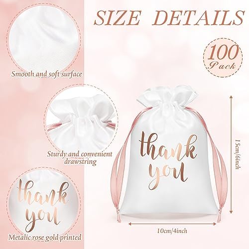 Roowest 4 x 6 Inch 100 Pcs Thank You Satin Gift Bags, White, Rose Gold - Image 2