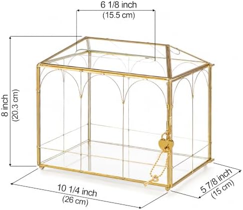 Glass Cards Box with Slot & Lock - 10.2" x 5.9" x 8" Vintage Geometric, Wedding Receptions, Home Reception, Tabletop Decor, Christmas Party, Gold - Slot Length 6.1 Inches - Image 5