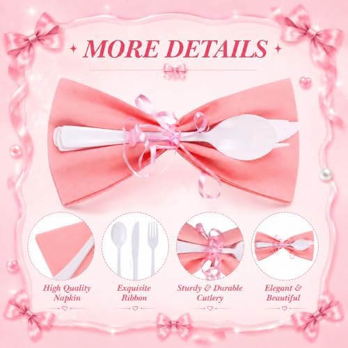 30 Set Pink Pre Rolled Silverware Set with Bow, Pink Napkins - Image 3