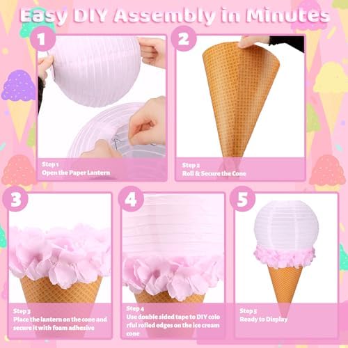 Baquler 12 Set Ice Cream Paper Lanterns Summer Party Decor Colorful Ice Cream Cone Lanterns Hanging Ceiling Sign Candyland Party Decor for Summer Theme Birthday Baby Shower Bridal Shower Favor - Image 3