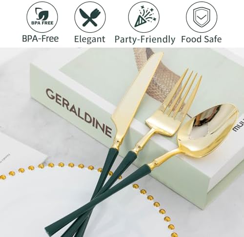 Lullaby 150PCS Heavy Duty Gold Plastic Silverware with Dark Green Handle - Image 3