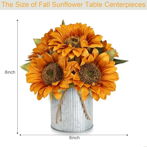 Artificial Fall Sunflower Table Centerpieces - Set of 6 Faux Floral Autumn Arrangement with Rustic Metal Vase for Home Kitchen Wedding Party Decorations - Image 2