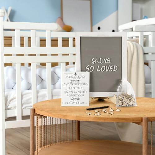 Chunful So Little So Loved Wooden Goose Token Frame, 1 Goose Baby Shower Frame Guestbook, Gender-Neutral Pregnancy Keepsake with 65 Signature Tokens and Pen, Gray and White - Image 2