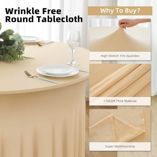 6 Pack Champagne Round Spandex Tablecloth 60 Inch, Wrinkle Free Stretch 120 Inch Fitted 5ft Champagne Table Cloths Round Table Covers with Ruffle Skirt for Party Wedding Banquet - Image 4