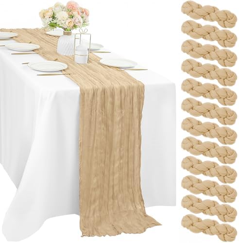 Sand 12 Pieces 35 x 120 Inches Long Cheesecloth Table Runner Gauze Fabric 10Ft Boho Table Runner Rustic Sheer Runner for Wedding Baby Bridal Shower Birthday Holiday Party Table Arbor Decor (Sand) by Sunnyline