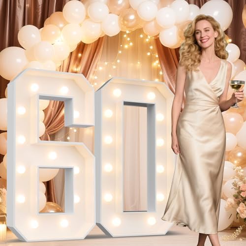 Ledido Easy-Assemble 4FT Warm White Marquee Light Up Number 60 for Birthday by Ledido