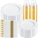 COLOSUS 350PCS Fancy White Plastic Plates With Gold Plastic Cutlery Set. by COLOSUS