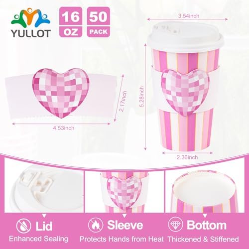 50 Pack Pink Disco Heart Disposable Coffee Cups with Lids & Sleeves, 16oz Premium To Go Paper Cups for Birthday, Baby Shower, Bachelorette & Wedding Party Supplies - Image 2