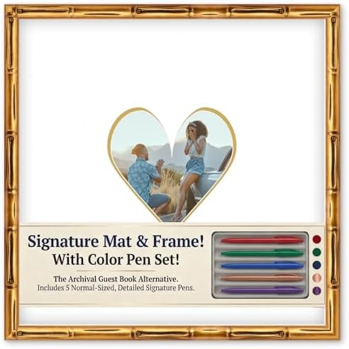 CountryArtHouse Signature Keepsake Frame - Heart Shaped Mat Window - Gold Bamboo Genuine Hardwood 20x20 8x8 Photo - Metallic Gold Border Mat - Gel Pens Included for Guest Signing by CountryArtHouse