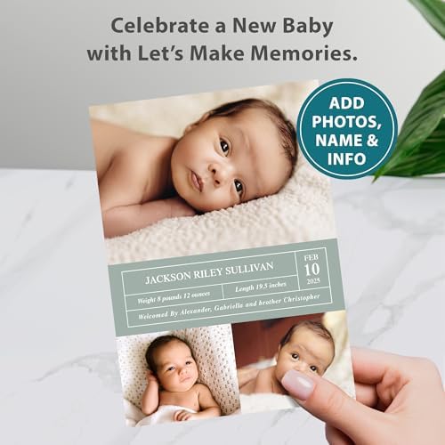 Let's Make Memories Personalized Baby Announcement Cards - Birth, Adoption - Boy, Girl - Premium Quality Custom Photo Cards for Mailing - 5x7 - Includes White Envelopes - Special Stats - 100 ct - Image 2