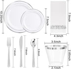 WELLIFE 700 Pieces Silver Plastic Dinnerware Set for 100 Guests - Includes Plates, Cups, Napkins, and Disposable Cutlery - Elegant White & Silver Design, Perfect for Parties and Events - Image 2