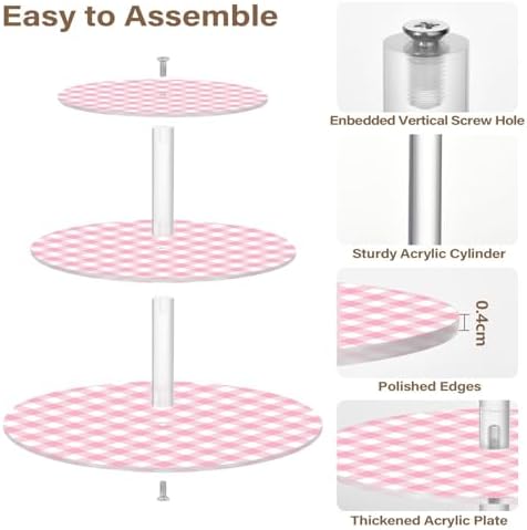 Pink Gingham Acrylic Cupcake Stand 3 Tier, Clear Cake Display Tower with Non-Slip Pads, Cupcake Holder for Party, Birthday, Wedding, Dessert Table - Image 2