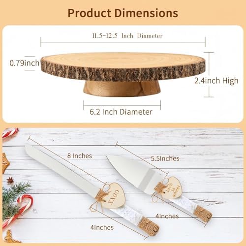 11.5"-12.5" Wood Cake Stand with Cake Cutting Set (Knife and Server) - Rustic Wooden Cake Holder for Decorating, Party, Wedding, Baby Showers, Reception, Event - Ideal Baking Gift & Home Decor - Image 3