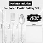 400PCS Pre Rolled Silver Plastic Silverware Sets Fancy for Wedding - Image 2