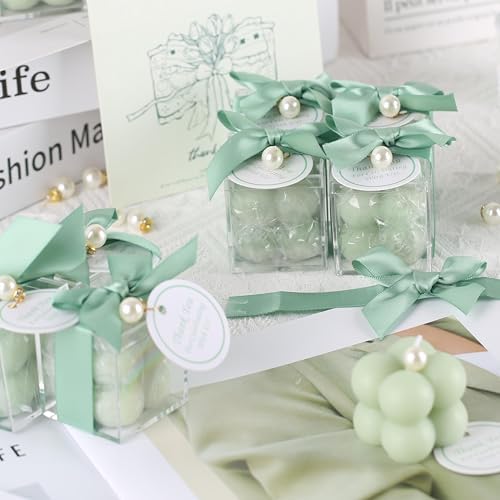 ACITHGL 30 Sets Fully Assembled Small Bubble Candle Party Favors for Guests Bulk Bridal Showers Favors Candles with Stylish Ribbons Thank You Cards Gifts (Green) - Image 6