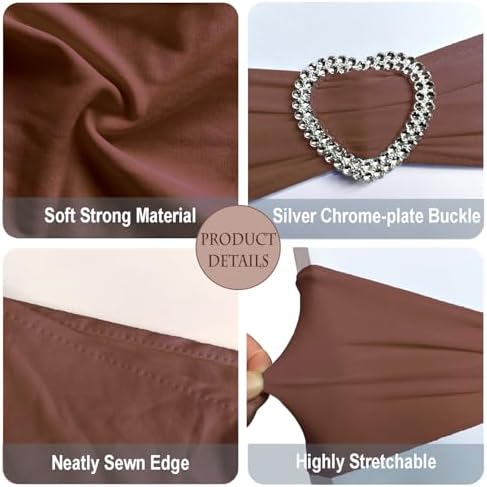 Brown Chair Sashes 60 Pack Spandex Brown Sashes for Chairs Universal Spandex Chair Sashes Bands with Heart Buckle Slider for Wedding Banquet Party Decorations - Image 3