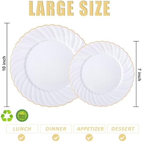 U-QE 60 Pcs White Plastic Plates with Gold Rim – Fancy Scalloped Plates - Image 2