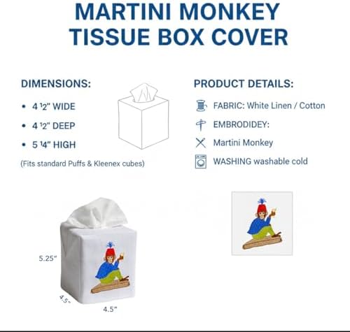 Jacaranda Living Square Tissue Box Cover, Linen/Cotton Tissue Holder, Decorative Cloth Tissue Cover, Fits Standard Square Tissue Boxes, Embroidered Animal Designs (Martini Monkey) - Image 2