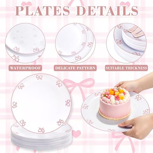125PCS Pink Bow Plastic Plates - White and Pink Rim Disposable Plates - 50 Elegant Plates with Bow knot Patterns, 25 Forks, 25 Spoons, 25 Knives for Birthday Baby Shower Wedding Party - Image 5