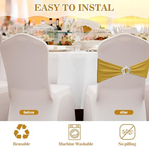 VitalCozy 100 Pcs Spandex Chair Sashes with Crown Buckle,Gold - Image 4