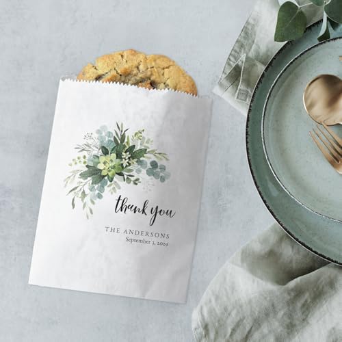 Canopy Street Personalized Lush Greenery Thank You Treat Bags / 50 Custom Event Dessert Bags / 5 3/4" x 8" Watercolor Floral Cookie Holder Wedding Anniversary Favor/Made In The USA - Image 4
