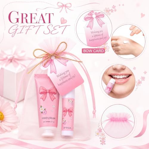 Loopeer 24 Set Pink Bow Party Favors Coquette Party Gifts Favors with Lip Balm Hand Cream Card Bags for Bridal Shower Baby Shower Birthday Stuffers - Image 3