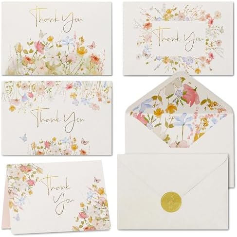 100 Floral Thank You Cards With Envelopes & Stickers - Pretty Wildflower & Gold Foil Assorted Greeting Notes pack for Wedding, Baby & Bridal Shower - Cute 4x6 Large Blank Flower Bulk Box Set by Tribetots