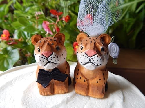 Leopard Jaguar Panther Wedding Cake Topper Love Bride Groom Engagement Anniversary Carved Wood Statue - Image 3