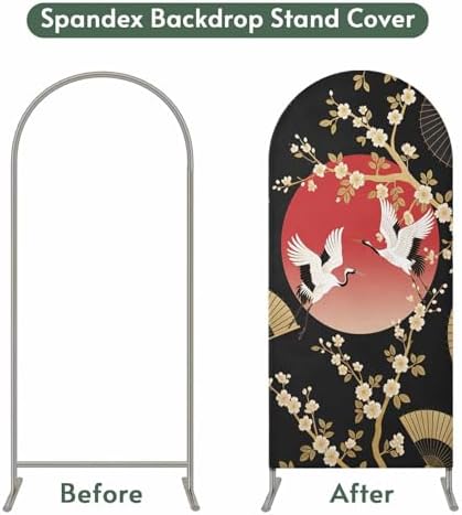 Arch Backdrop 7.2 Ft, Cherry Blossom Spandex Stretch Fitted Arch Cover, Round Top Chiara Arches Stand Backdrop Cover for Wedding Birthday Party Baby Shower Harmony Crane Red Moon Paper Fan - Image 7