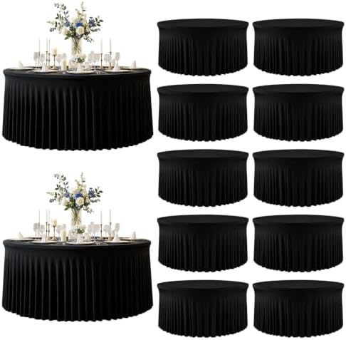 12 Pack Black Round Spandex Tablecloths, 5FT/60In Fitted Stretchy Table Cloth with Skirt, Washable Tablecloth, Circle Wrinkle Free Table Cover for Wedding Party Dining Banquet Events by Torrowsrort